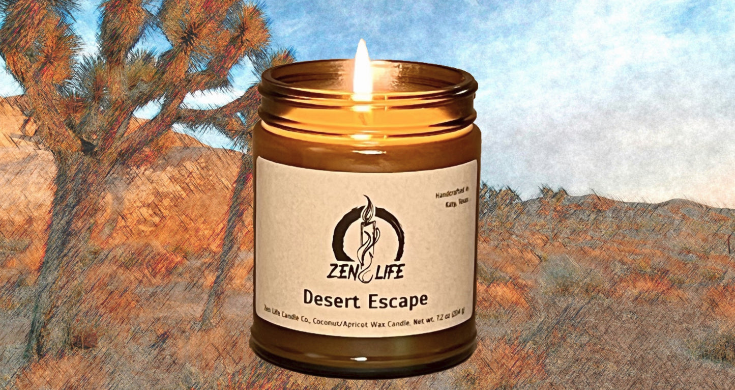 The Desert Escape scented candle over an oil pastel of desert.