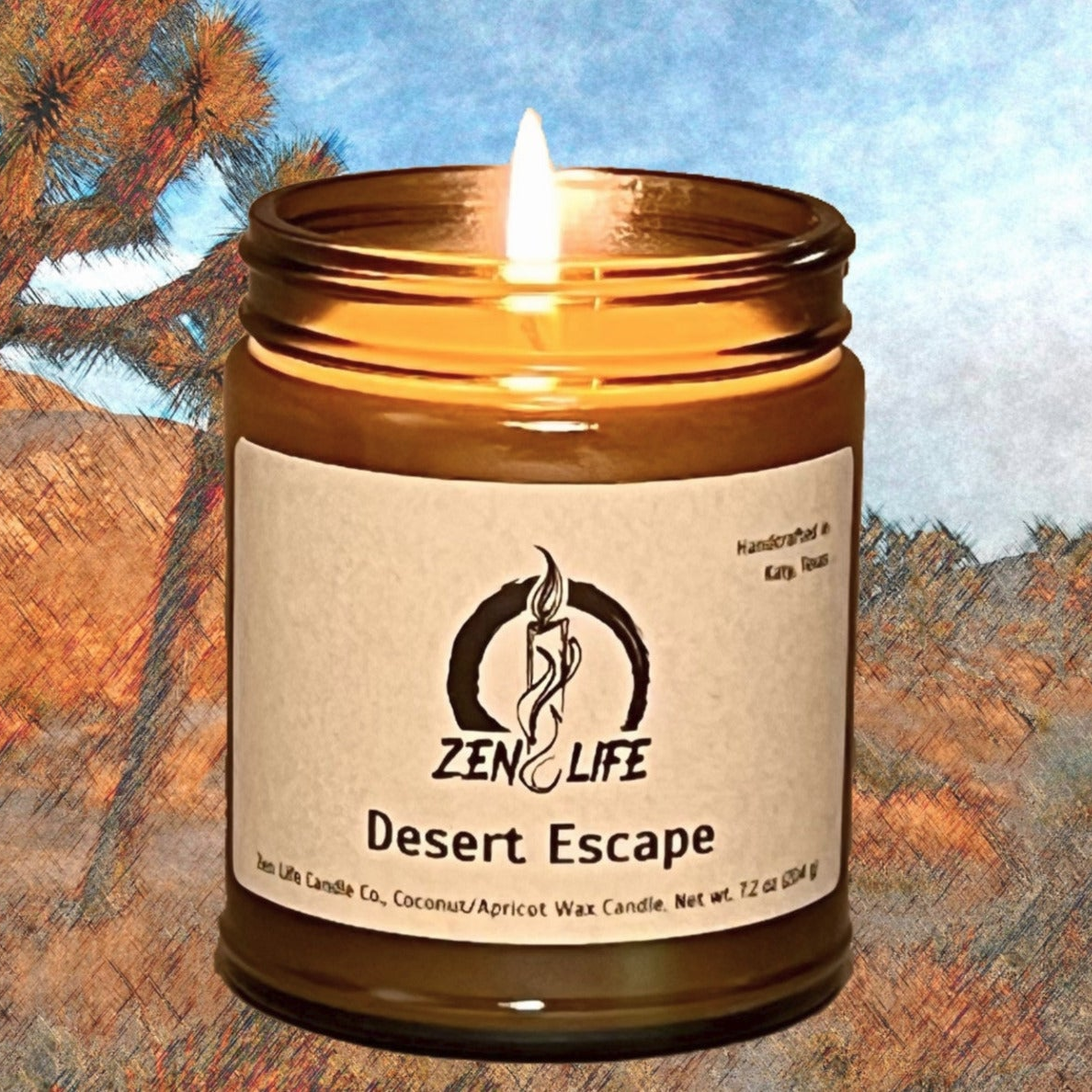 Zen Life's Desert Escape candle in front of a pastel rendering of a desert landscape.