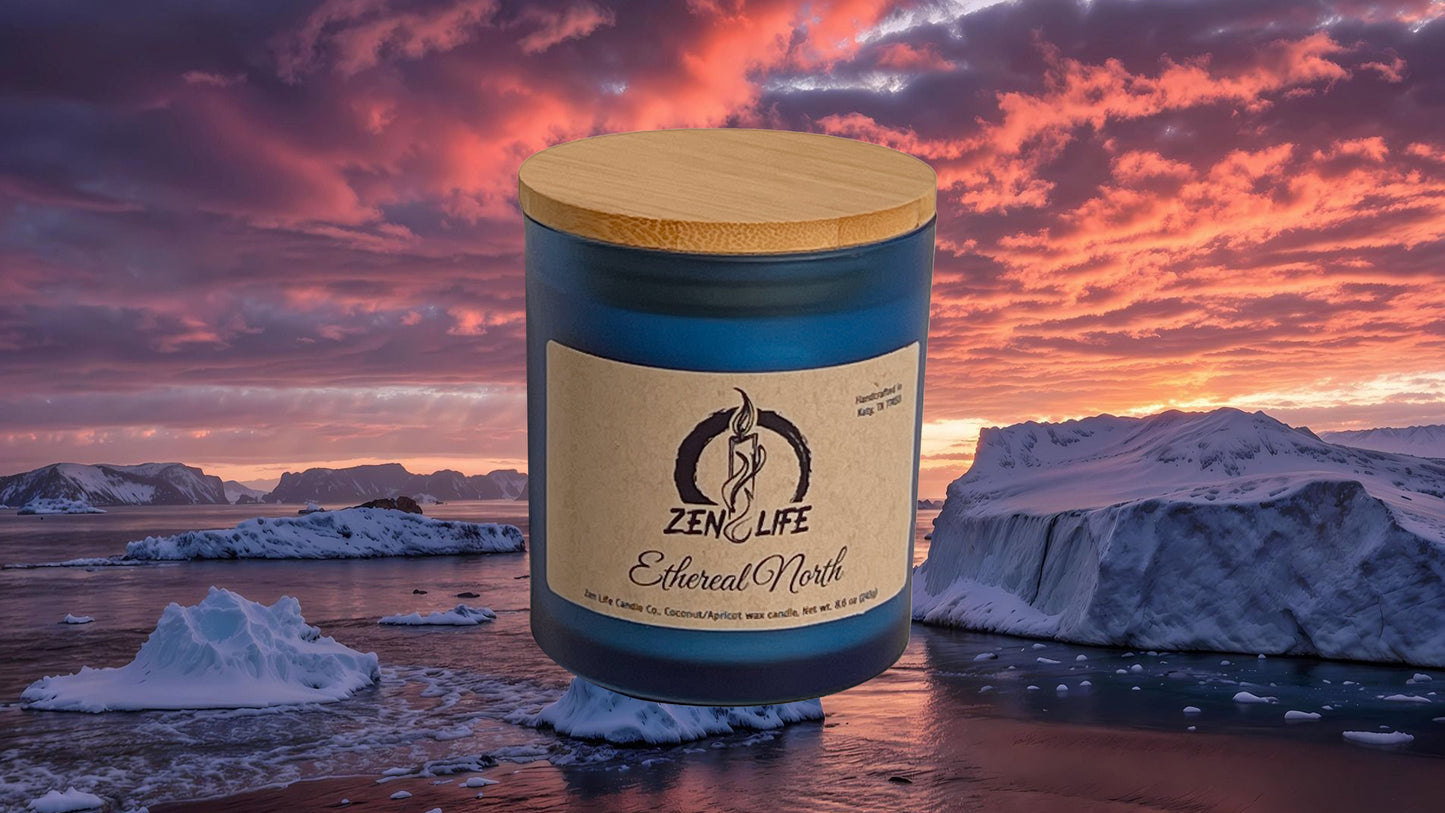 Zen Life's Ethereal North candle with an ethereal arctic background at sunset.