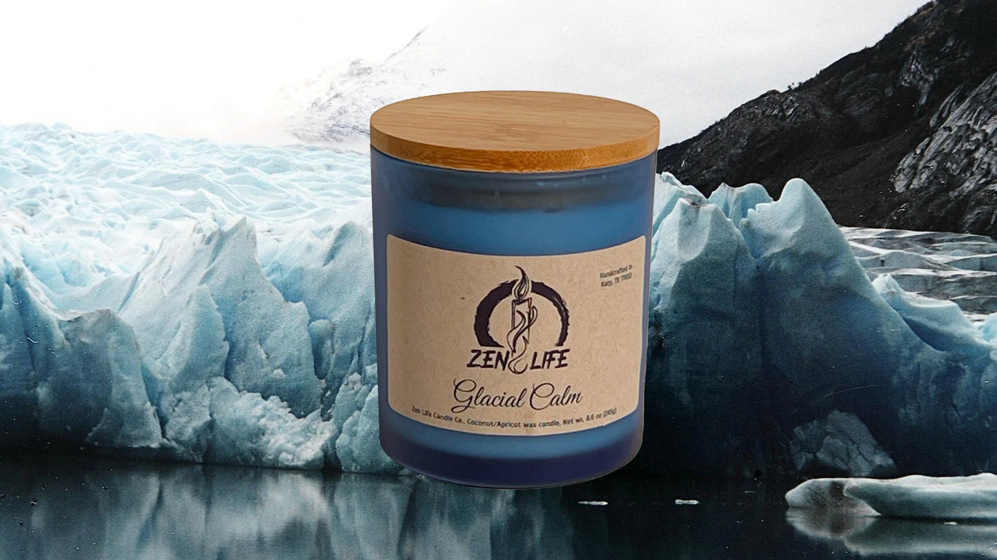 Zen Life's Glacial Calm candle against a glacier background.