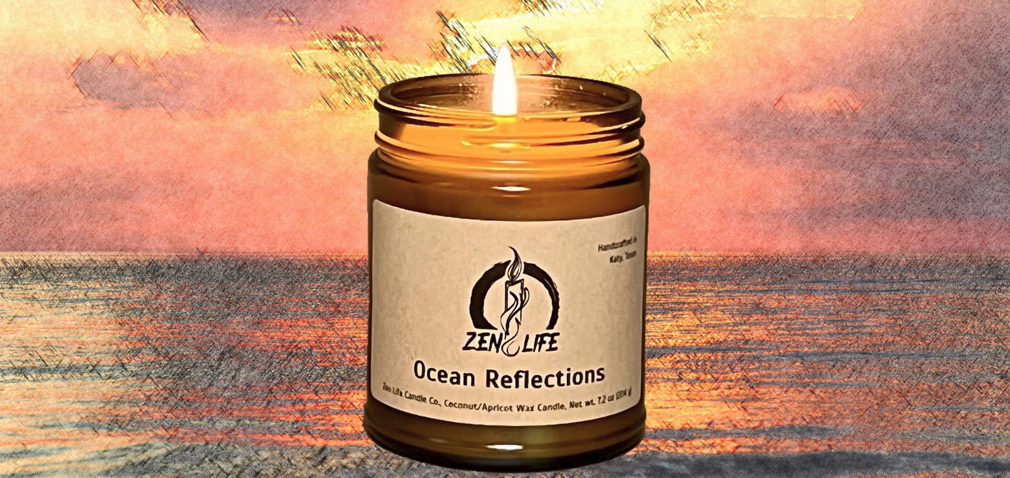 The Ocean Reflections candle over an oil pastel ocean sunset.