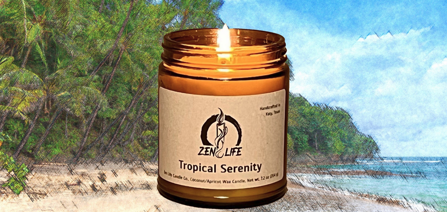 The Tropical Serenity Candle over an oil pastel tropical beach.