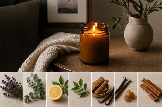 A simple lit candle on a table with several scent ingredient pictures below.