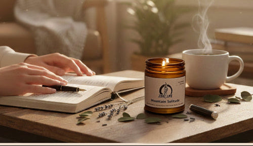 A Zen Life Candle shown during a journaling session, along with a steaming mug of tea.