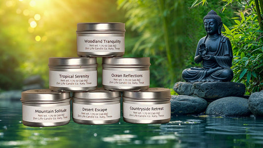 Zen Life's Retreat Collection sample bundle in a retreat setting with a Buddha statue.