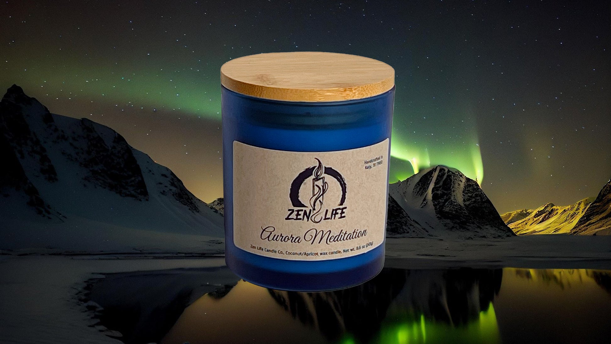Zen Life's Aurora Meditation candle in front of an arctic aurora background.