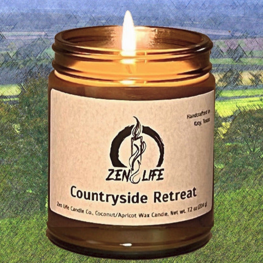 The Countryside Retreat Candle over an oil pastel countryside.
