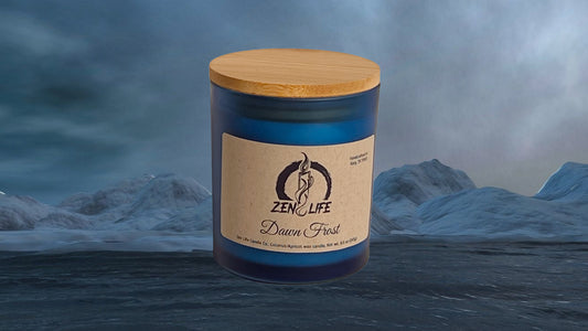 Zen Life's Dawn Frost candle against a snowy north pole landscape.