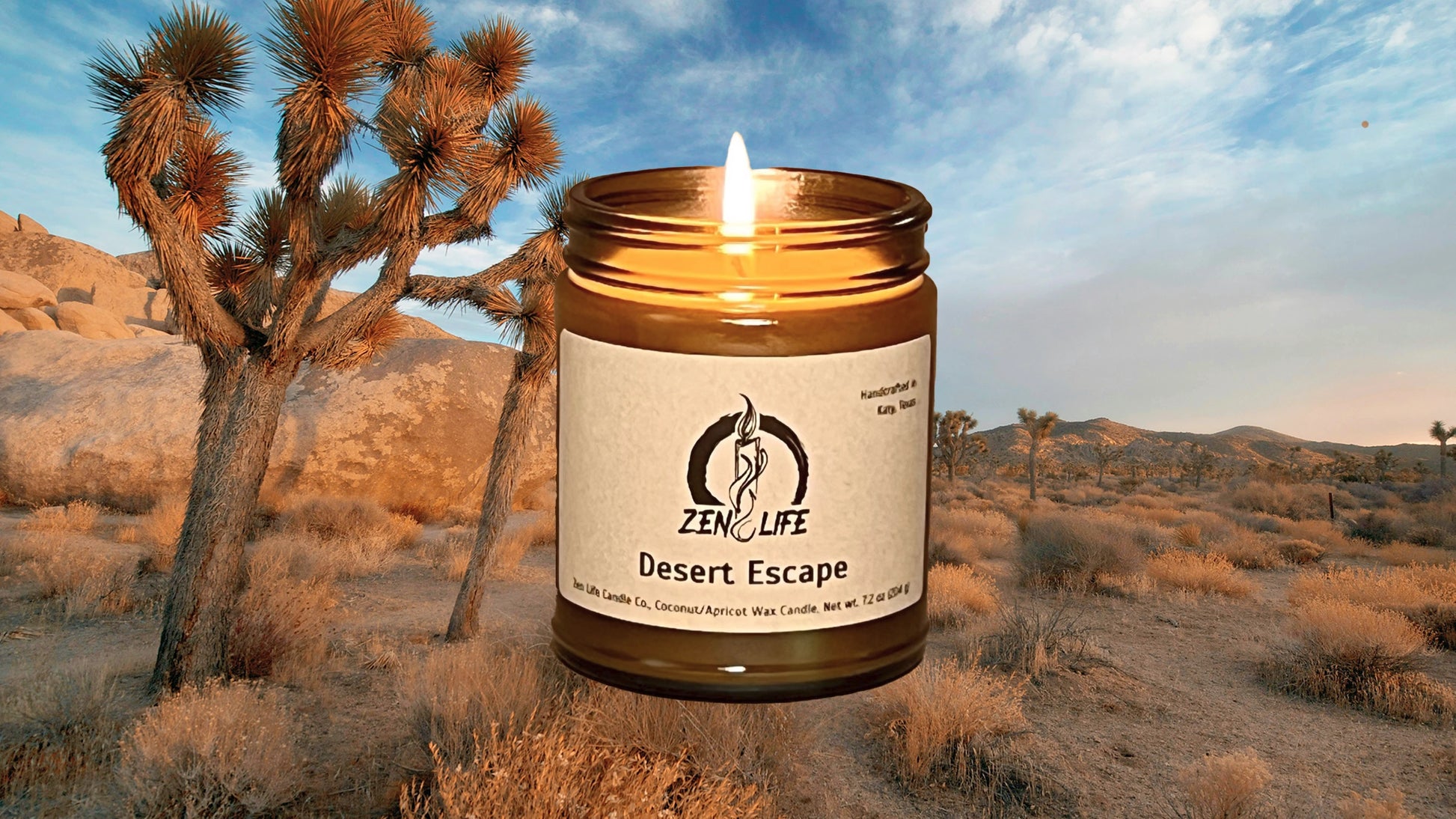 Zen Life's Desert Escape candle in front of  a vast desert.