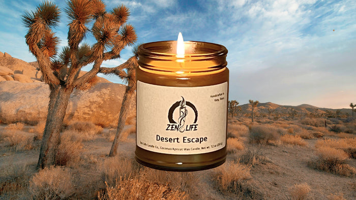Zen Life's Desert Escape candle in front of  a vast desert.