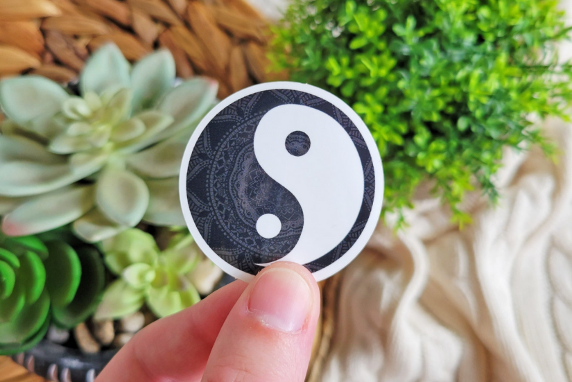 A person holding a round yin-yang