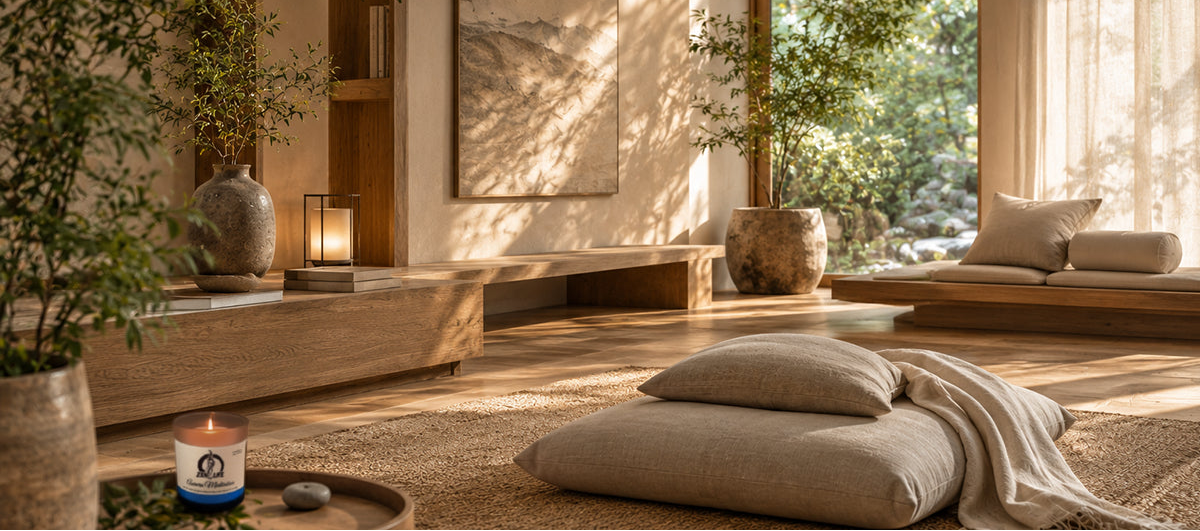 A serene, minimalist interior scene with a low wooden floor, a cushion set on a woven rug, a lit candle, potted plants, and a large landscape painting on the wall. Sunlight streams through sheer curtains, illuminating a cozy, Zen-inspired room.