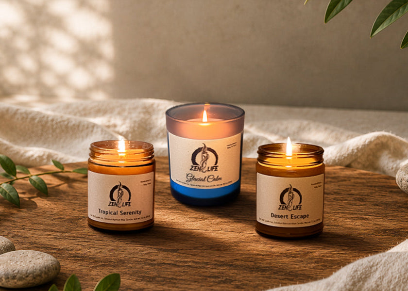 Three lit candles in glass jars arranged on a wooden tray with stones, leaves and draped fabric. 