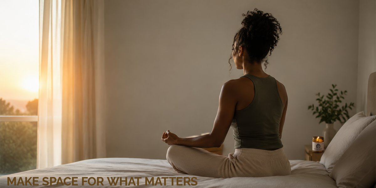 A woman sits cross-legged on a bed in a softly lit bedroom. A candle, plant, and window with warm sunset light are visible in the room.