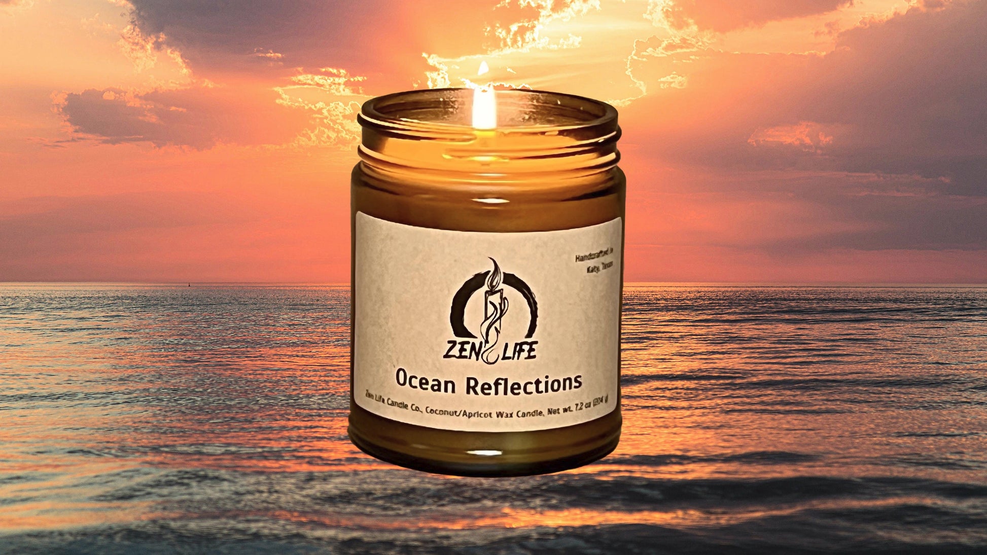 Zen Life's Ocean Reflections candle over a beautiful ocean sunset.