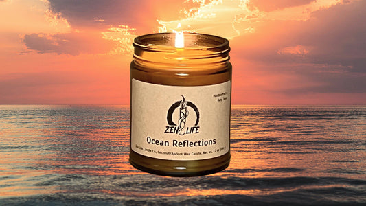 Zen Life's Ocean Reflections candle over a beautiful ocean sunset.