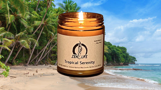 Zen Life's Tropical Serenity candle in front of a beach landscape.