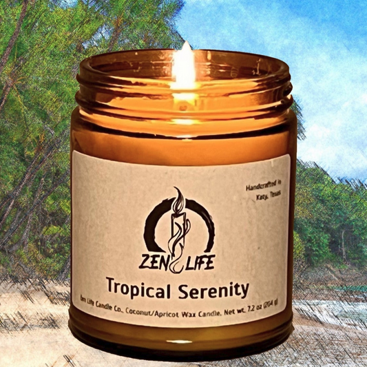 Zen Life's Tropical Serenity candle in front of a pastel rendering of a beach landscape.