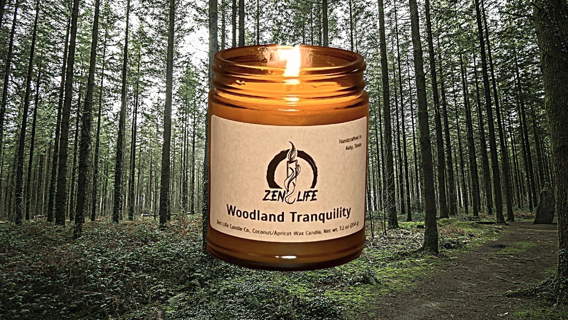 Zen Life's Woodland Tranquility candle over a sprawling forest.